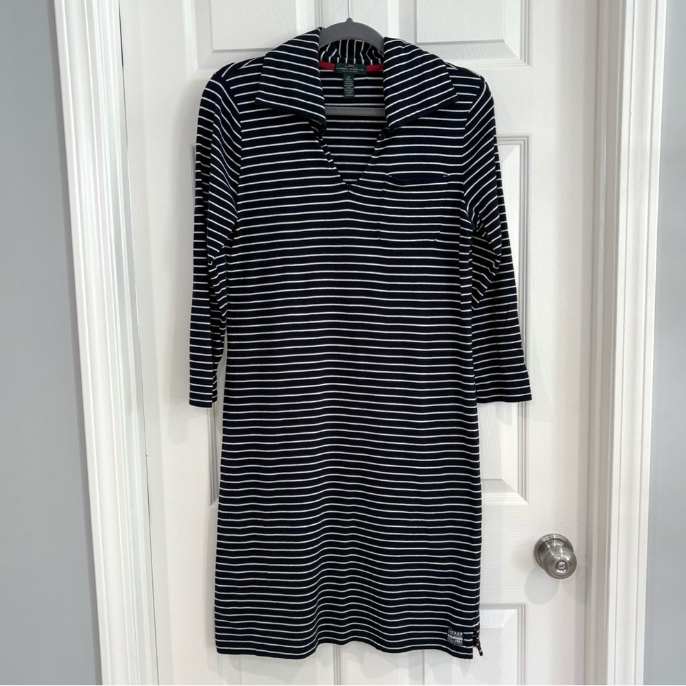 LRL Lauren Jeans Co Ralph Lauren Striped Navy Nautical 3/4 Sleeve Shirt Dress M